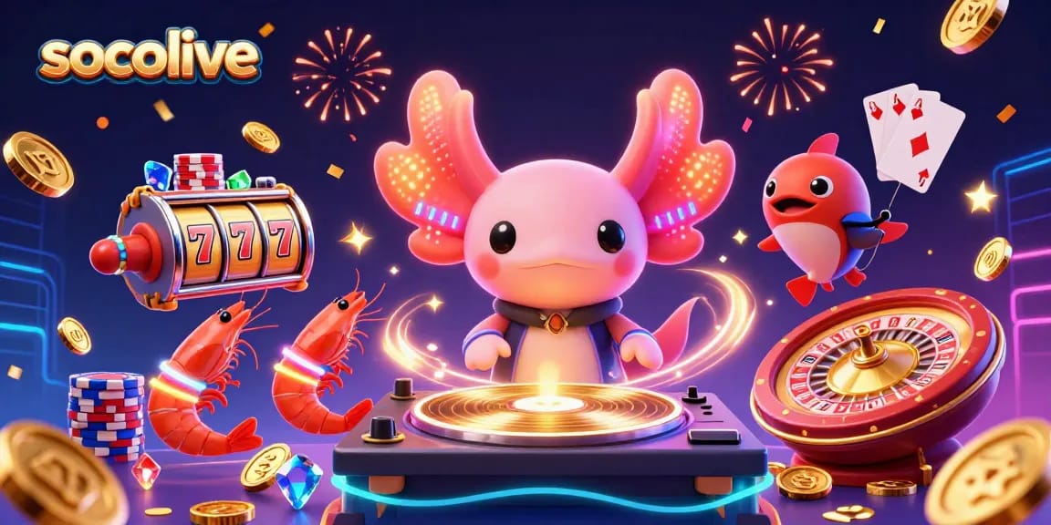 Socolive features a vibrant scene showcasing an axolotl DJ and animated shrimp at a casino, celebrating jackpots.