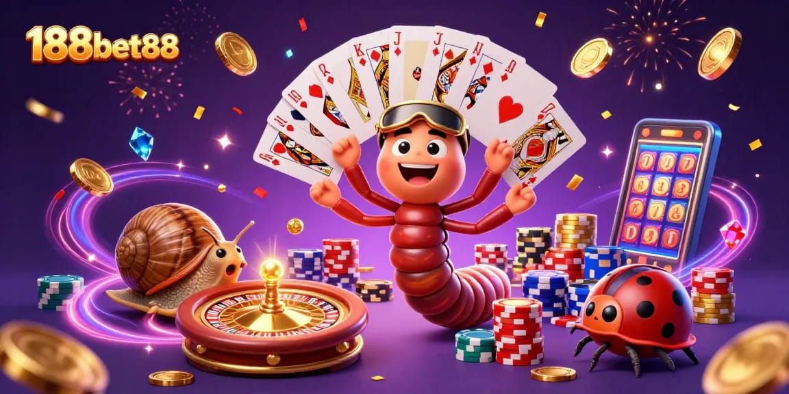 Engaging scene at 188bet88 featuring a millipede dealer and high-roller snail in a lively casino atmosphere.