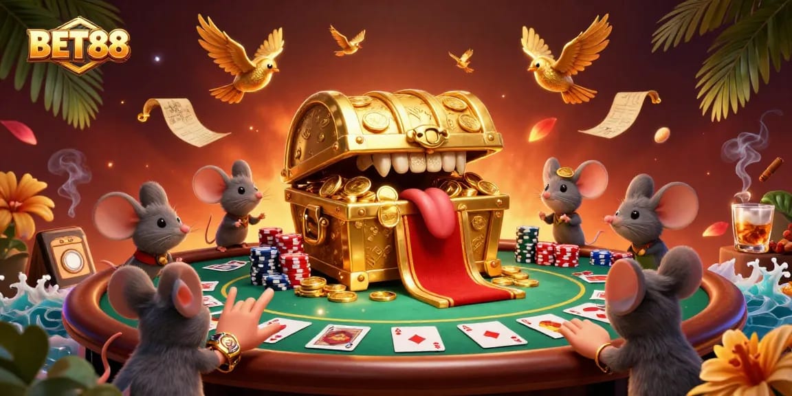 Engage with BET88's vibrant casino atmosphere featuring a dynamic treasure chest and poker setup.