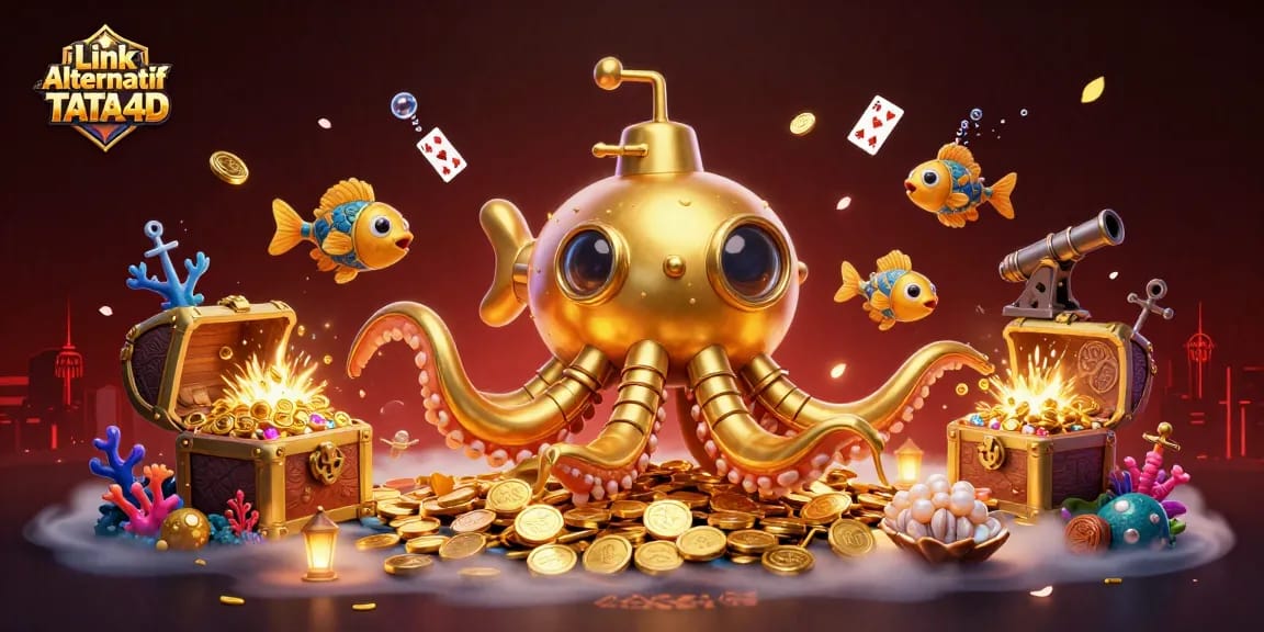 Engage with Link Alternatif TATA4D in a vibrant 3D casino scene filled with treasure and excitement.