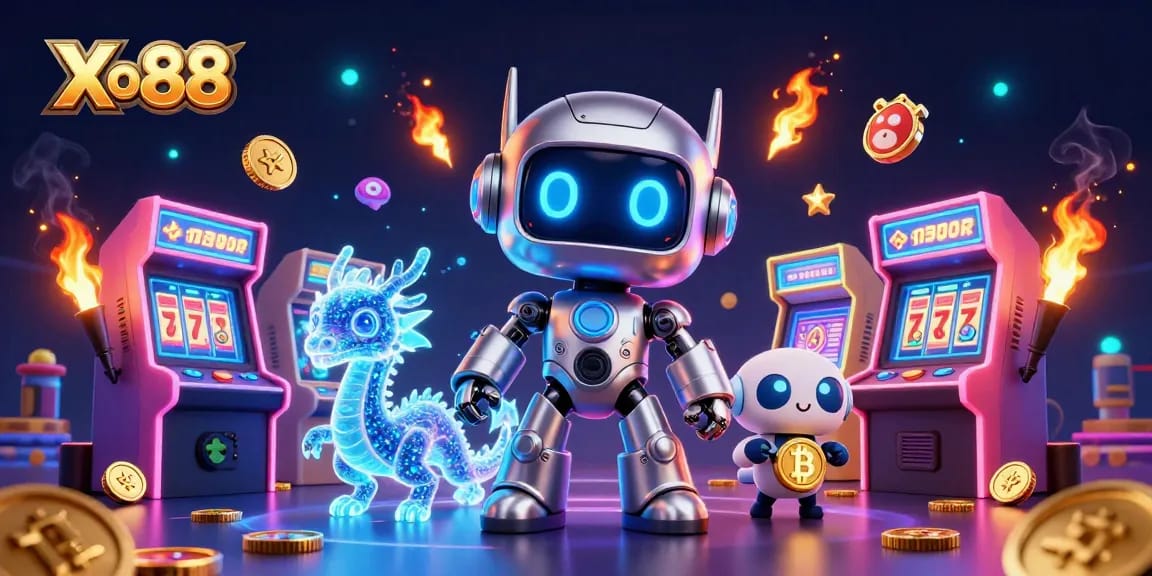Xo88 showcases an exciting casino experience with neon elements, slots, and animated characters.
