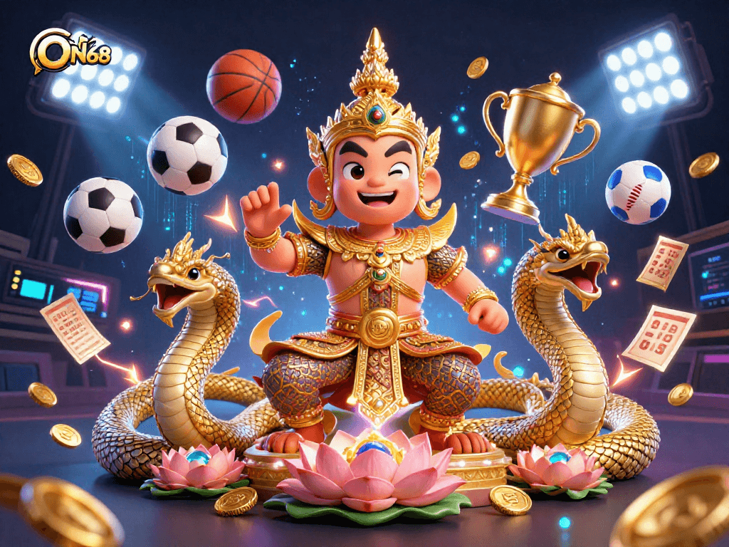 Engage with ON68 in an immersive 3D gambling scene featuring sports and casino elements.