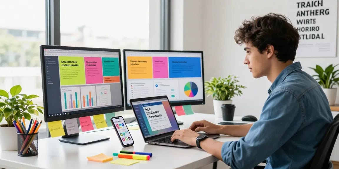 Pengguna GEGESLOT sedang merancang kampanye di ruang kerja digital modern dengan cahaya alami.