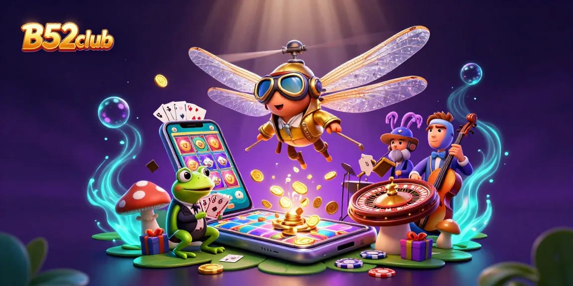 B52club offers a vibrant gaming experience with a casino scene featuring unique characters and dynamic elements.
