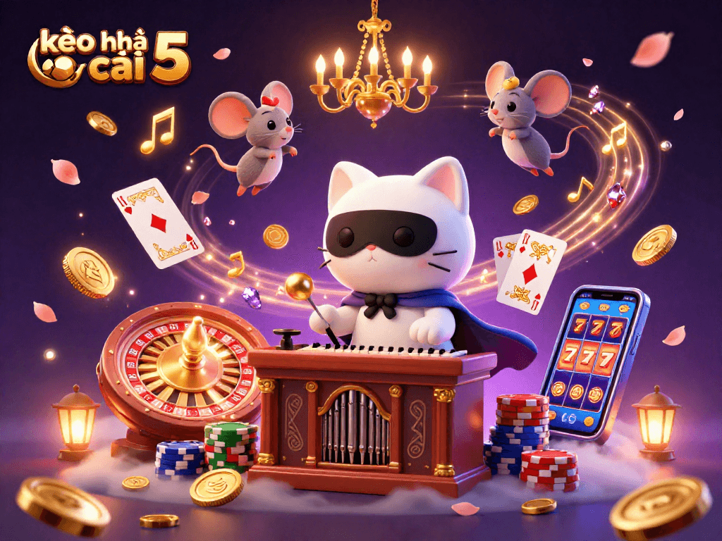 Experience sizzling excitement with kèo nhà cái 5 in this vibrant casino-themed illustration, showcasing action-packed gaming elements.