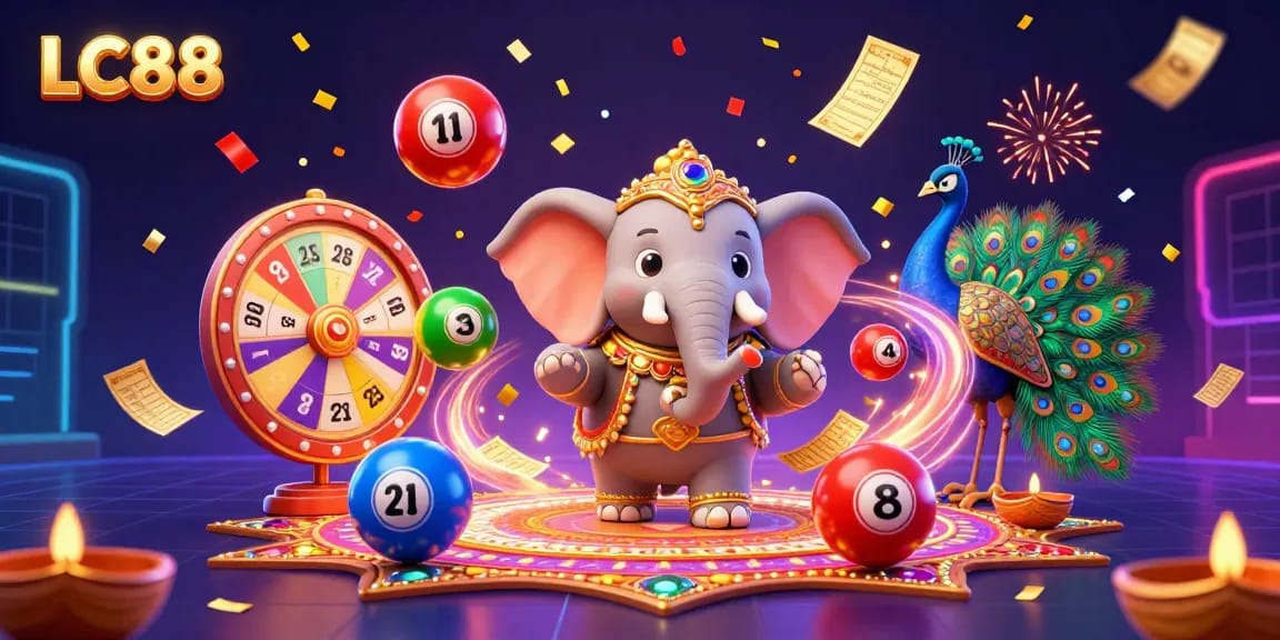 Engage with LC88's dynamic gaming scene featuring colorful lottery balls and a vibrant Diwali-themed elephant.