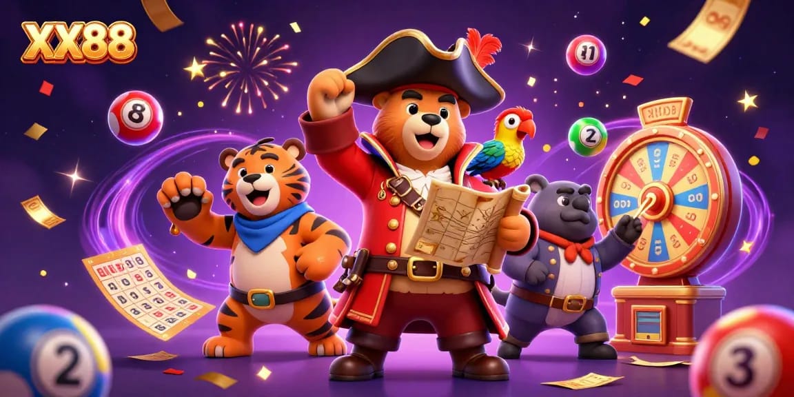 Win exciting rewards at XX88 with colorful lottery balls and vibrant games surrounding a pirate duo.