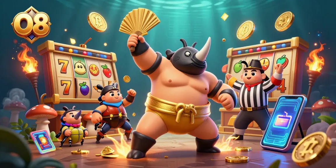 Experience O8's dynamic gaming world where a rhinoceros beetle champion stomps coins amidst vibrant slot elements.