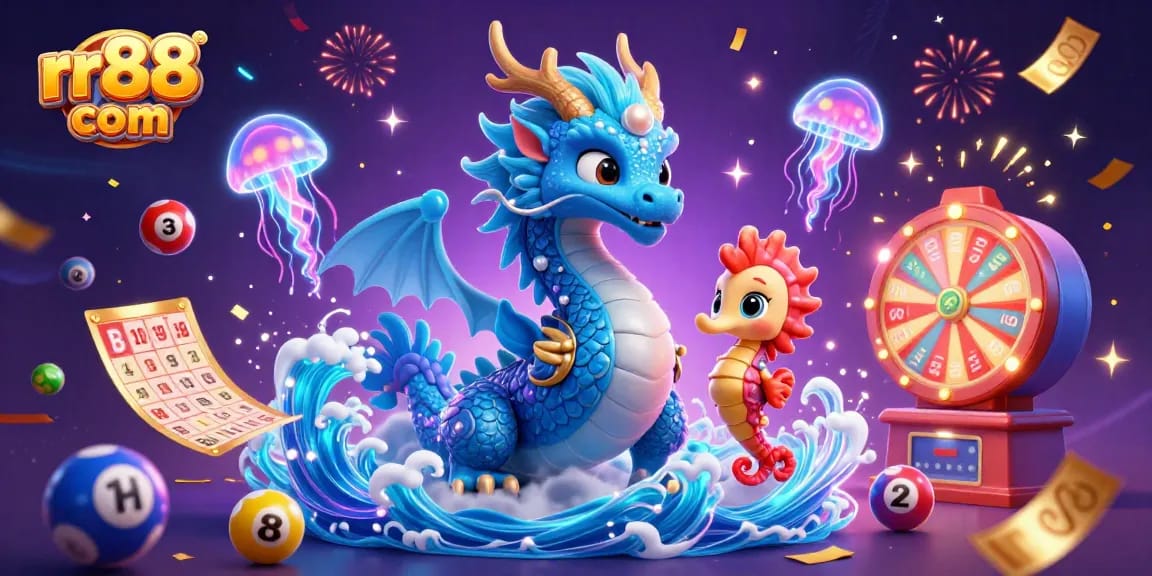 Engage in thrilling gameplay at rr88 com with a vibrant 3D scene featuring a dragon, knight, and lottery elements.