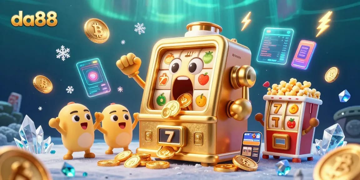 Experience da88 with a vibrant 3D illustration of a jackpot-winning slot machine surrounded by golden coins and crypto elements.