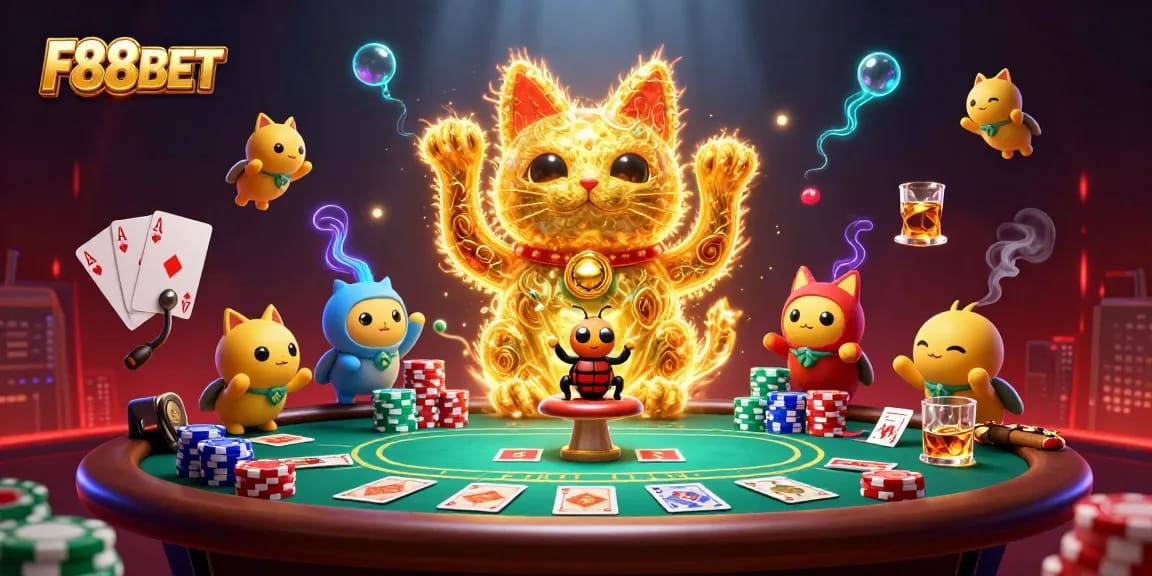 Win big with F88BET in a vibrant casino scene featuring a lucky cat and poker elements.