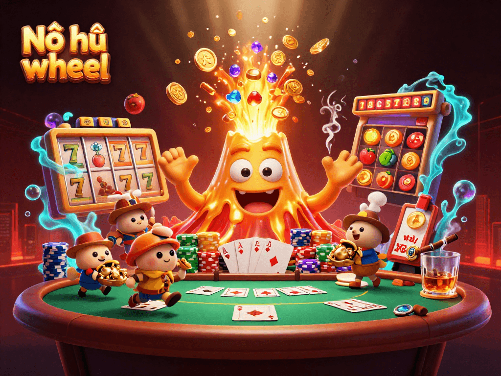 Nổ hũ wheel spins with a golden volcano erupting treasures attracting players in this vibrant casino scene.