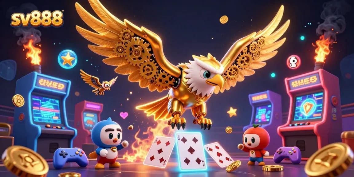 Engage in thrilling gameplay with sv888, illustrated by a cybernetic eagle diving through holographic cards.