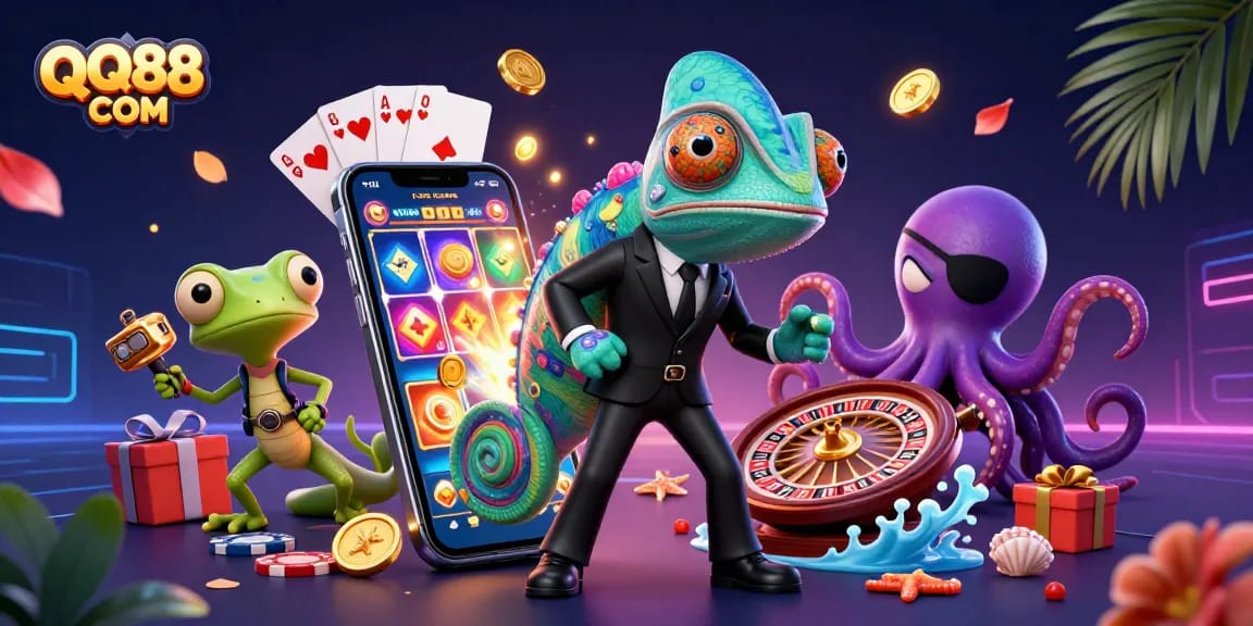 Engage with QQ88 COM's thrilling casino action featuring a colorful slot game, chameleon agent, and tech-savvy companions.