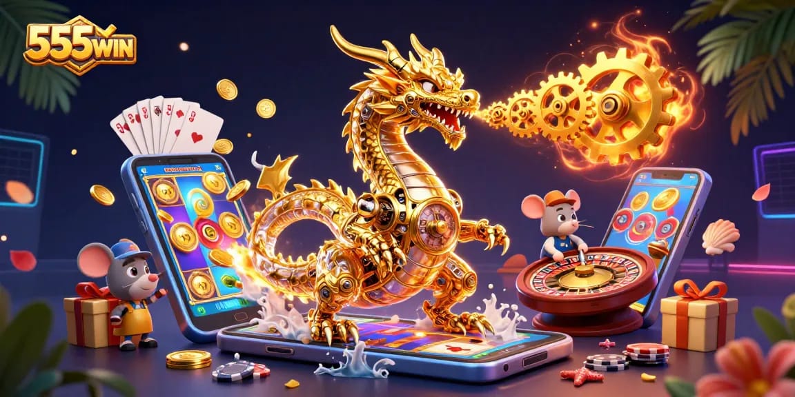 Experience the thrill of 555WIN with a golden dragon and dynamic slot games in a vibrant casino illustration.