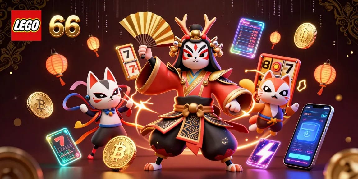 Lego66 players take action with vibrant slot reels, kabuki heroes, and Ethereum coins shining brightly.