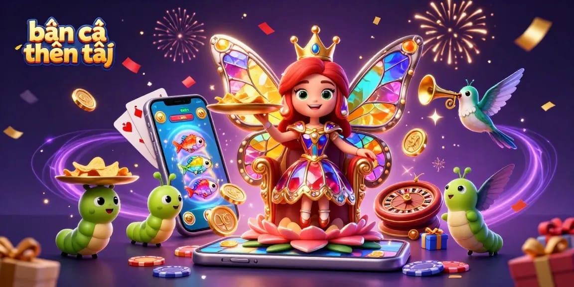 Bắn cá thần tài scene featuring a butterfly queen, vibrant gaming elements, and celebratory effects.