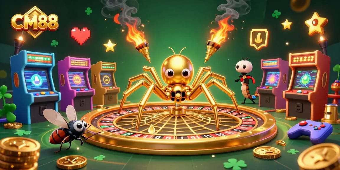 Engage in thrilling bets at CM88 with a golden spider and croupier in a vibrant casino scene.