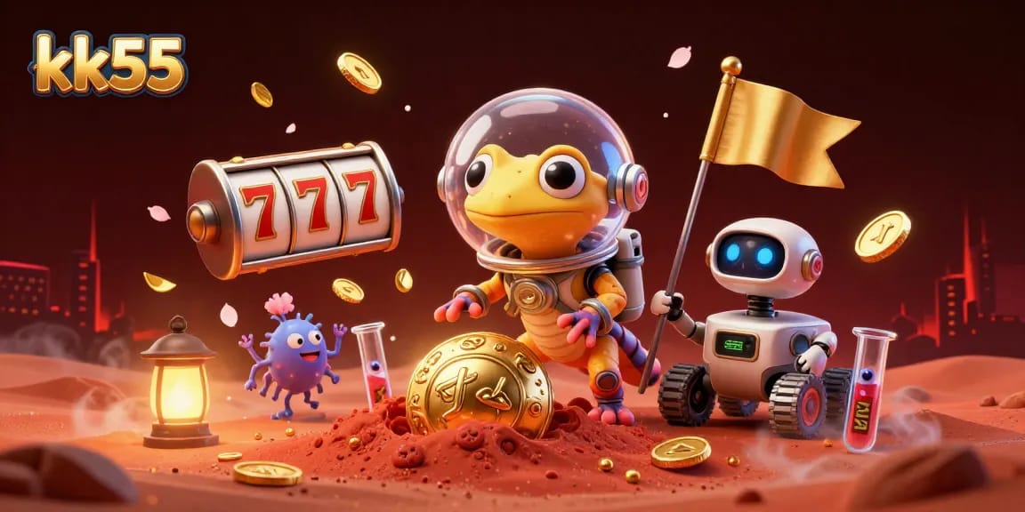 Experience the excitement of kk55 with a playful Martian gecko discovering a golden casino among vibrant elements.
