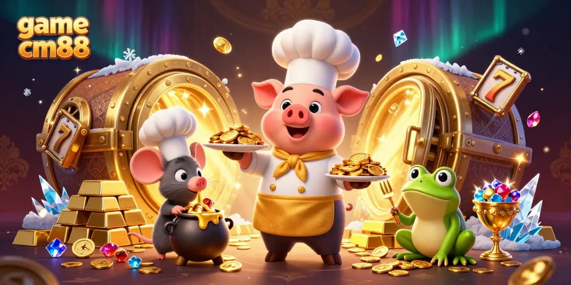 Experience game cm88 with vibrant 3D characters enjoying gold coins and exciting jackpot elements.