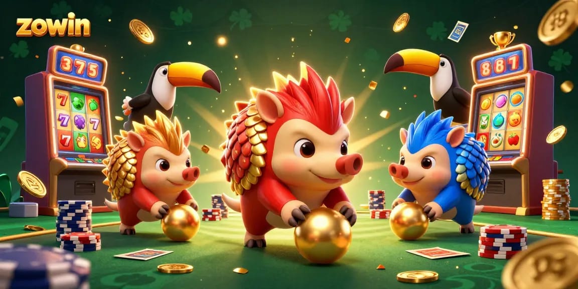 Zowin casino battle between rival pangolins with slot machines and dynamic game elements.