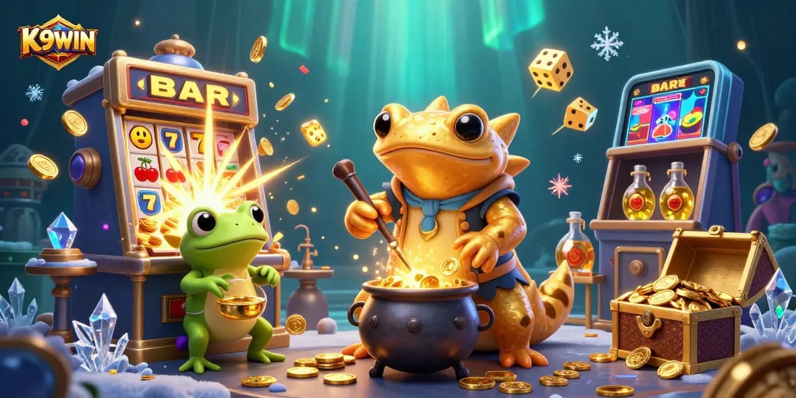 Experience the thrill of K9WIN with a golden salamander alchemist turning metals into jackpots amidst a vibrant casino scene.