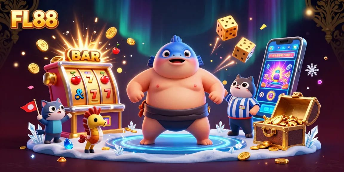 FL88 entertains with vibrant 3D illustration of a casino scene featuring unique characters and exhilarating gaming elements.