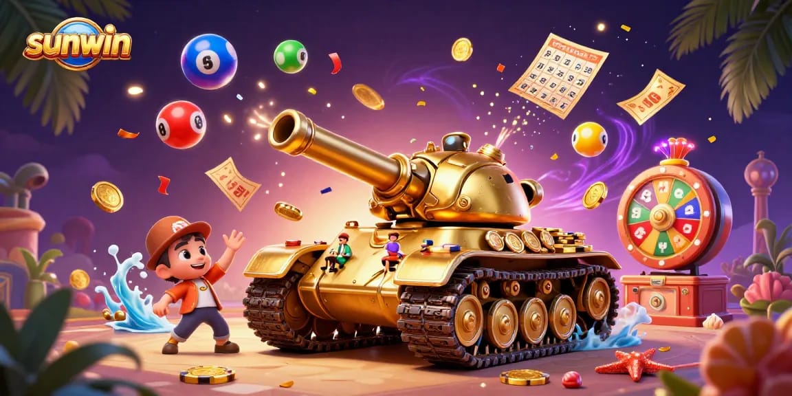 Engage with the sunwin gaming experience featuring a vibrant casino tank with confetti and colorful lottery elements.