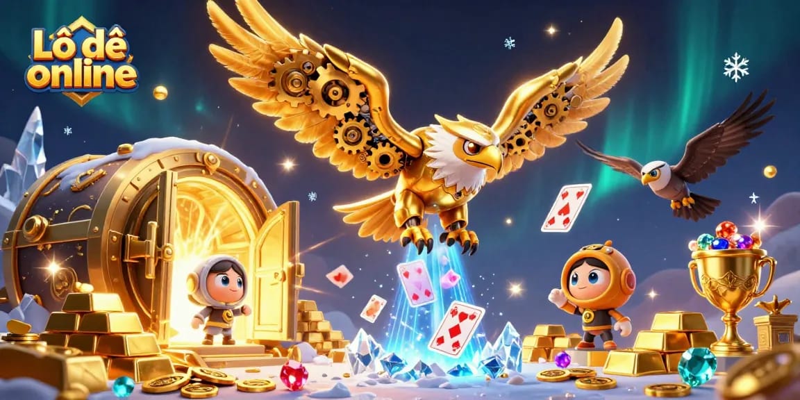 Engage in Lô đề online with vibrant visuals of a golden eagle soaring through holographic cards and treasure.