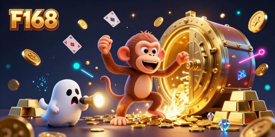 F168 offers thrilling adventures as a mischievous poltergeist monkey juggles casino treasures in lively 3D.