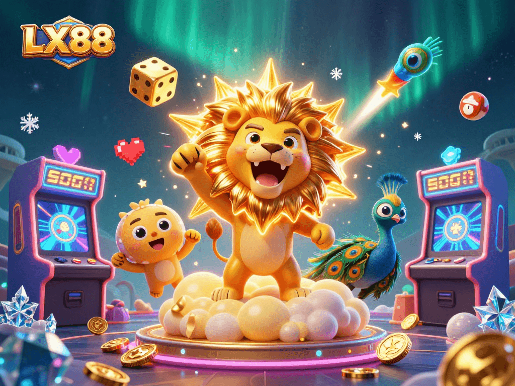 Experience the excitement of LX88 gaming with colorful elements and vibrant characters in a dynamic casino scene.