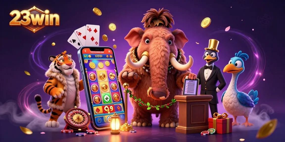 Engage with the thrilling world of 23win, showcasing a vibrant casino scene with unique characters and game elements.