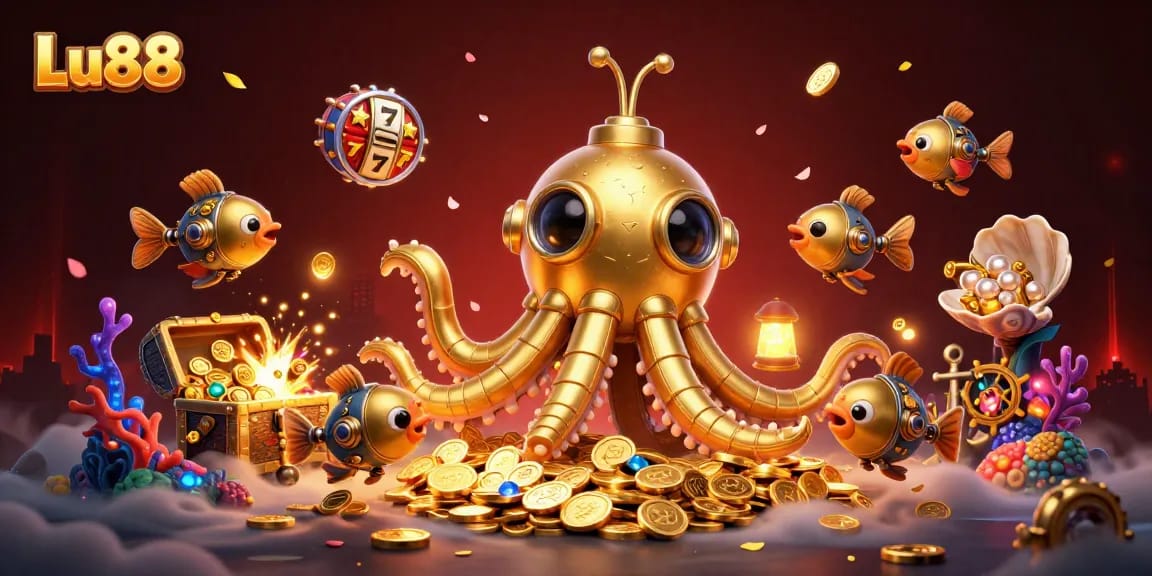 Experience thrilling gameplay at Lu88 with golden kraken submarine and treasure amidst floating slot reels.