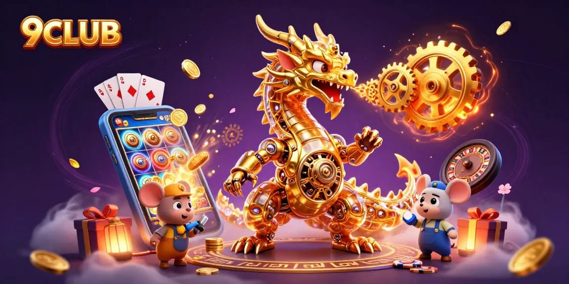 Engage in thrilling games at 9CLUB, featuring a dragon and vibrant casino elements.