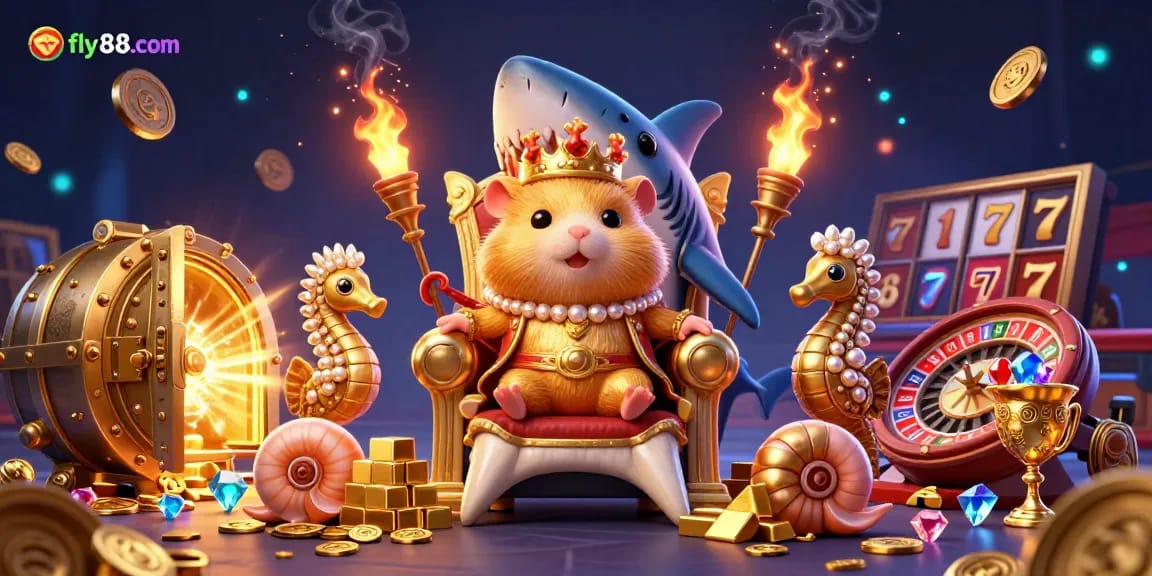 Experience the excitement of fly88com with golden hamster king in a vibrant 3D casino illustration.