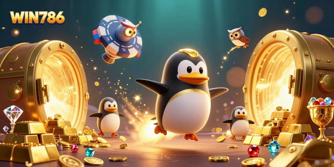 WIN786 offers thrilling casino adventures featuring a golden penguin astronaut and treasure elements in a dynamic gaming scene.