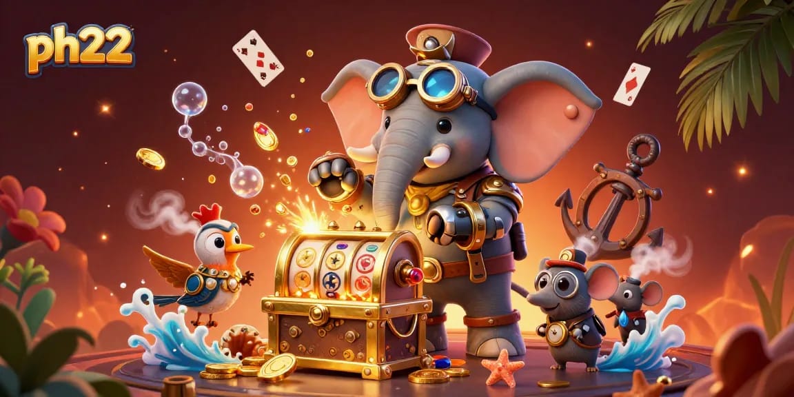 Experience the excitement of ph22 with a steampunk elephant and a gold slot machine amidst vibrant gaming elements.