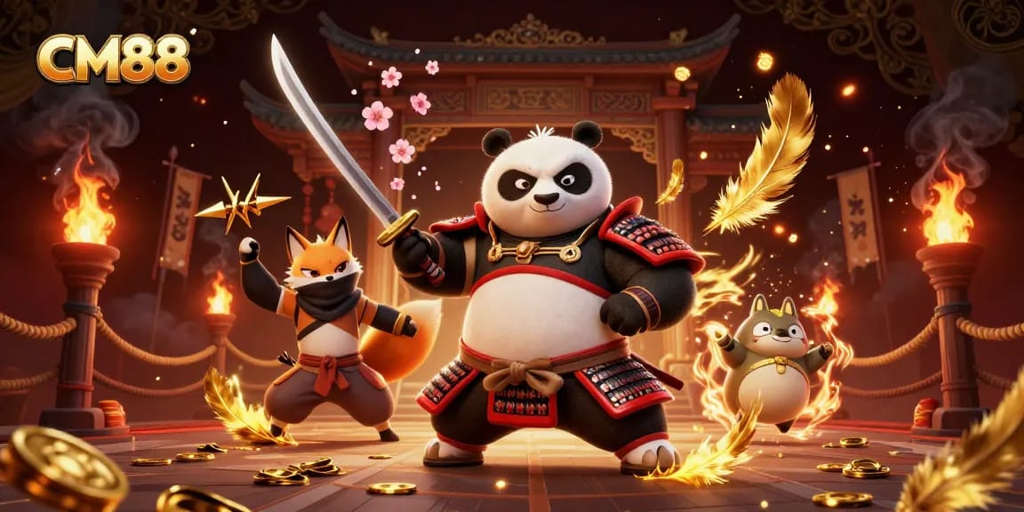 Engage with CM88's vibrant casino scene featuring samurai panda and ninja fox amidst immersive gaming elements.
