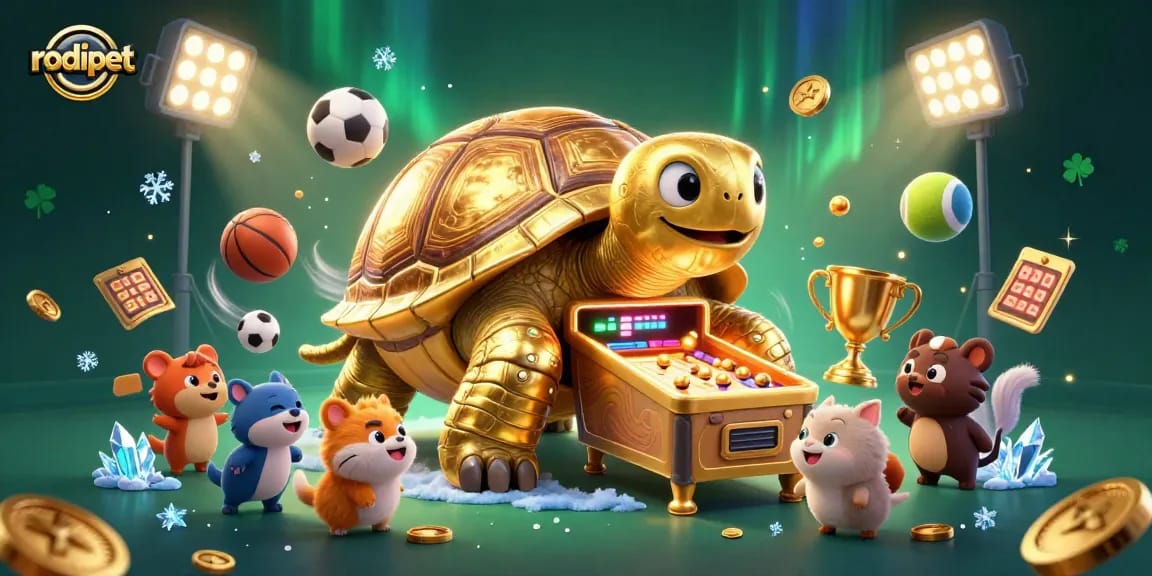 Experience the rodipet excitement with golden tortoise pinball and flying sports balls in this lively scene.