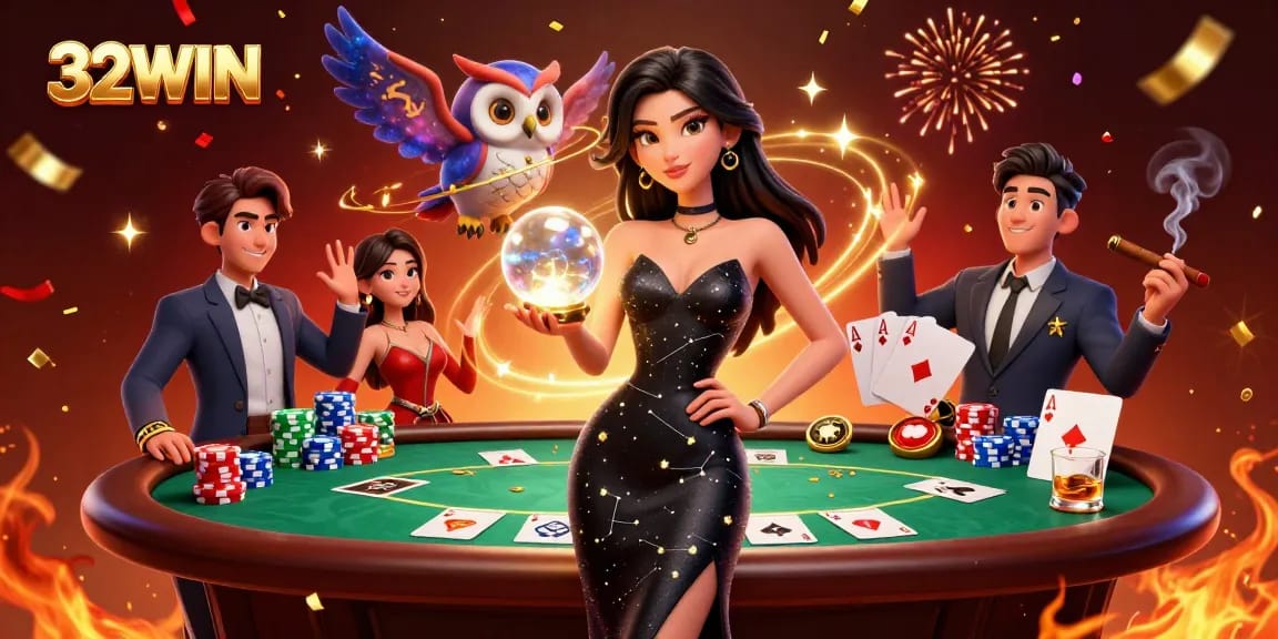 Immerse yourself in 32WIN's vibrant casino world with neon lights, poker flair, and thrilling odds.