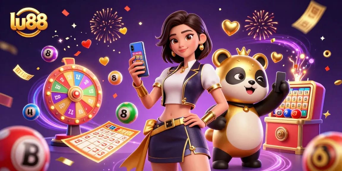 lu88 showcases a vibrant casino scene with a woman and a cartoon panda amidst game elements.