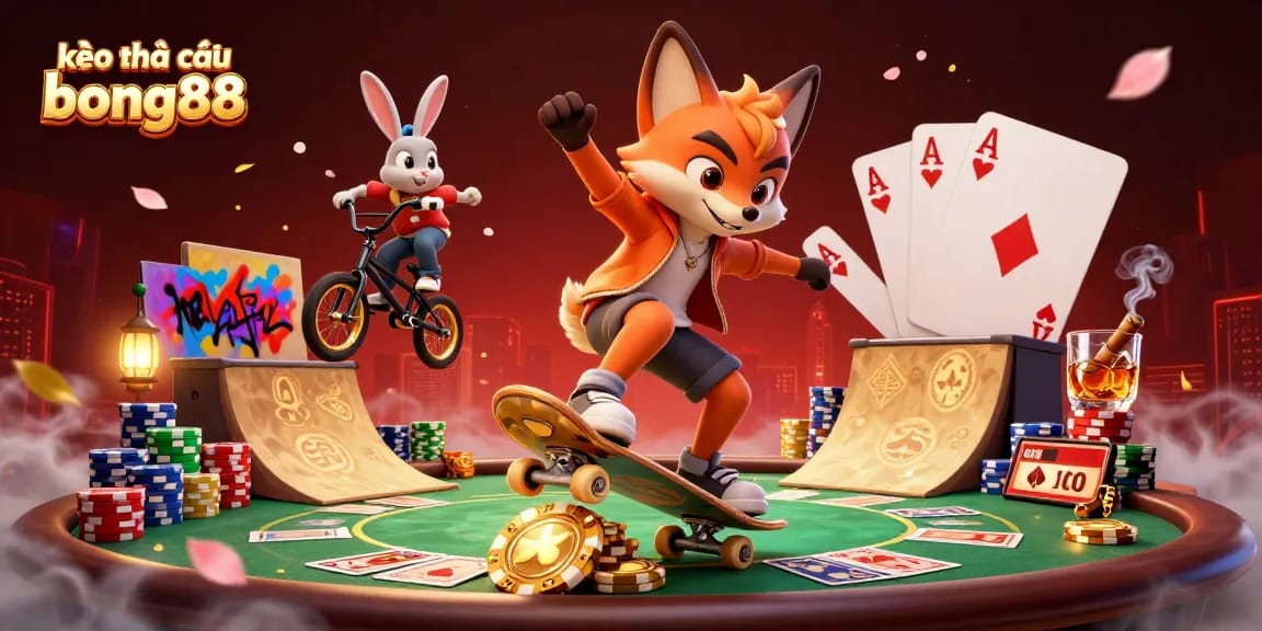 Engage with kèo nhà cái bong88 in a vibrant 3D casino scene featuring a fox and rabbit doing tricks.