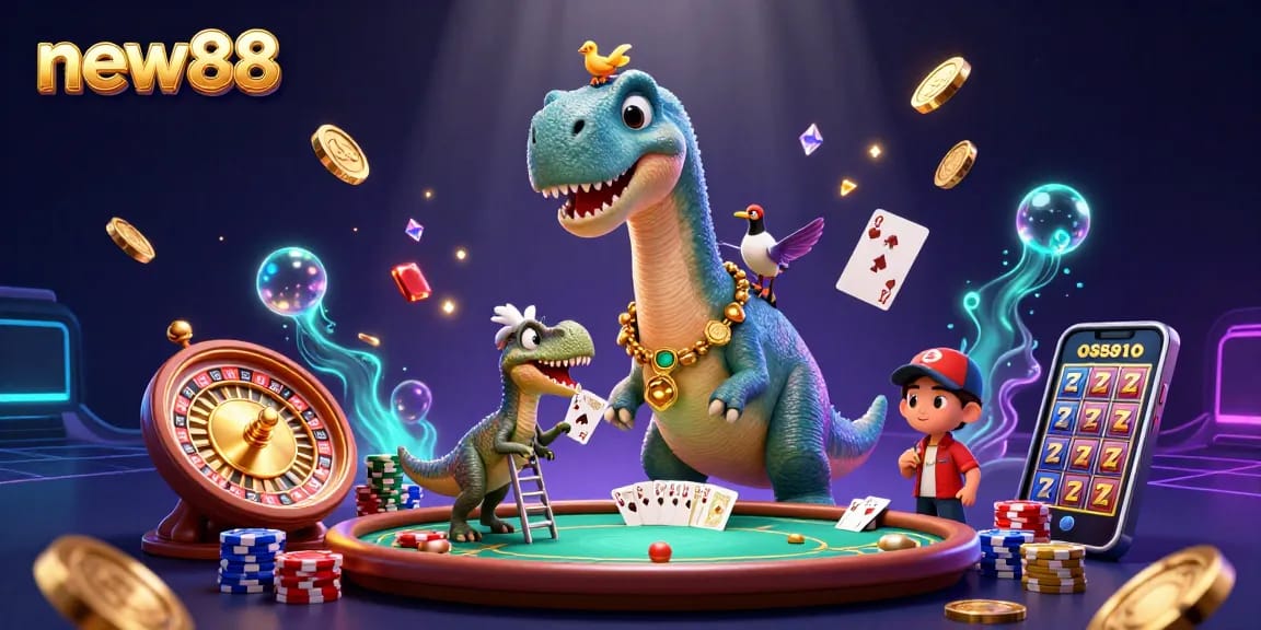 Experience stunning games at new88 with a brontosaurus in a vibrant casino scene