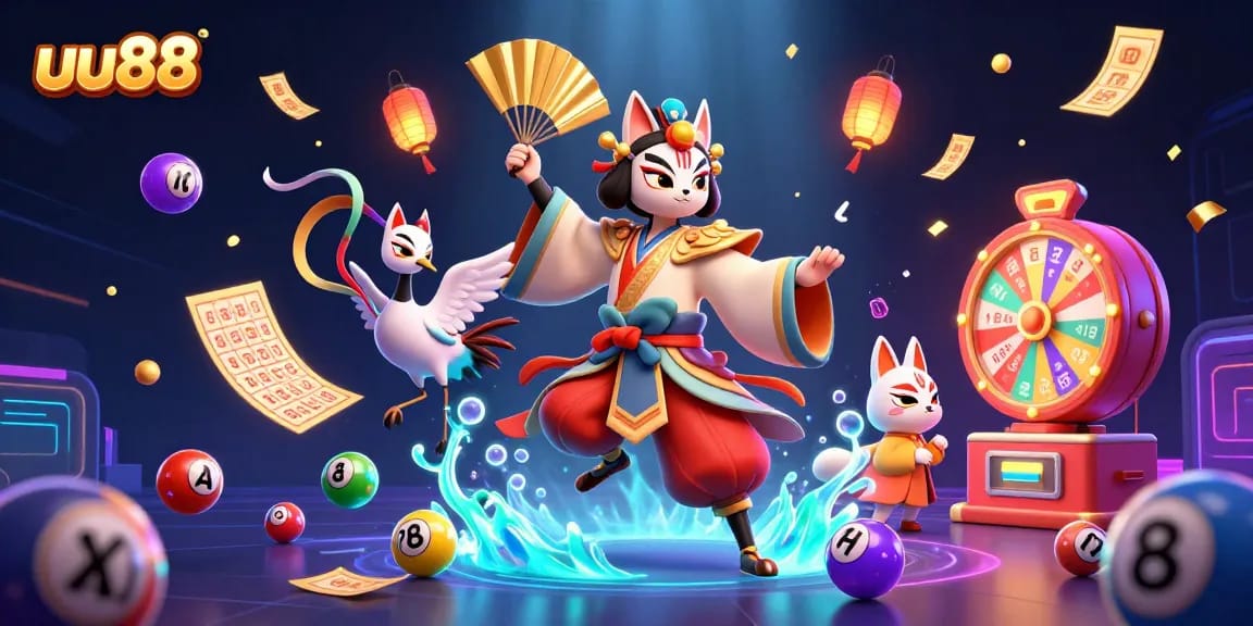 Capture exciting gaming action with uu88, featuring colorful lottery elements and vibrant characters.