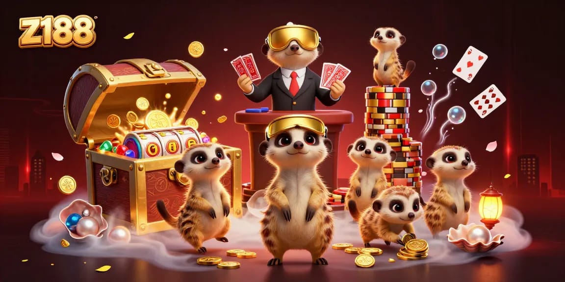 Engage with z188's vibrant casino scene featuring meerkats and dynamic game elements.