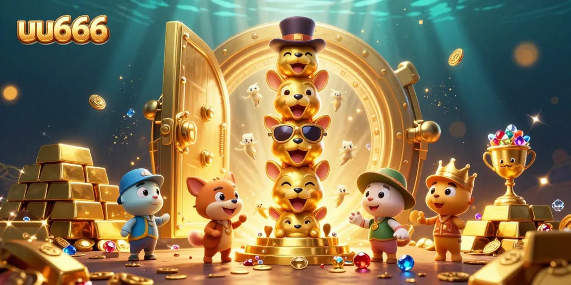 Experience excitement at uu666 with a vibrant illustration showcasing casino treasures and a golden totem character.