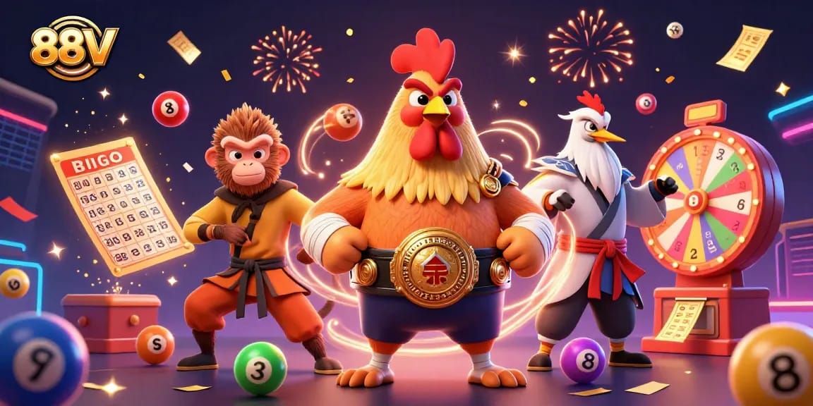 Experience 88VV with a dynamic illustration of gaming excitement featuring a Muay Thai rooster and vibrant lottery elements.