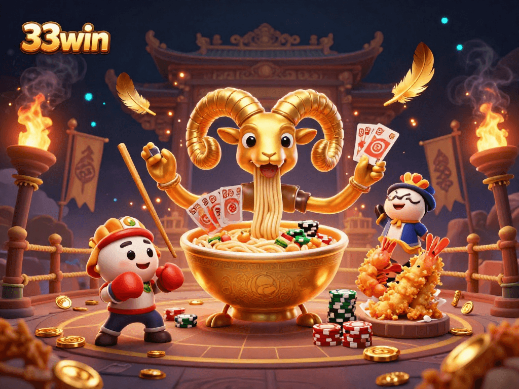 Engage in lively gameplay with 33win's energetic casino scene featuring dynamic characters and vibrant elements.