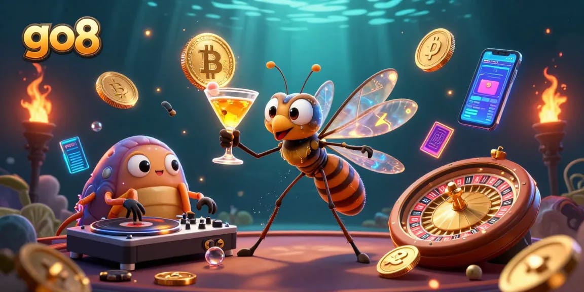 Experience premium gaming with go8 as a vibrant casino scene featuring a unique mosquito mascot and thrilling elements.