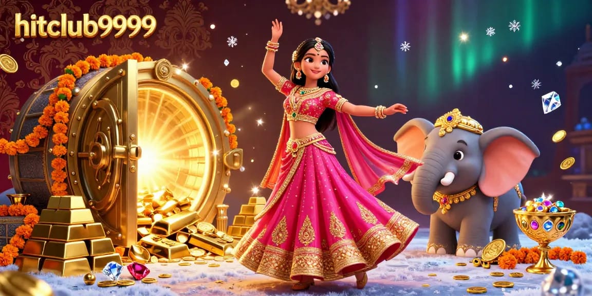 Experience the dynamic world of hitclub9999 with a vibrant scene depicting an Asian woman in a Bollywood pose amidst sparkling treasures.